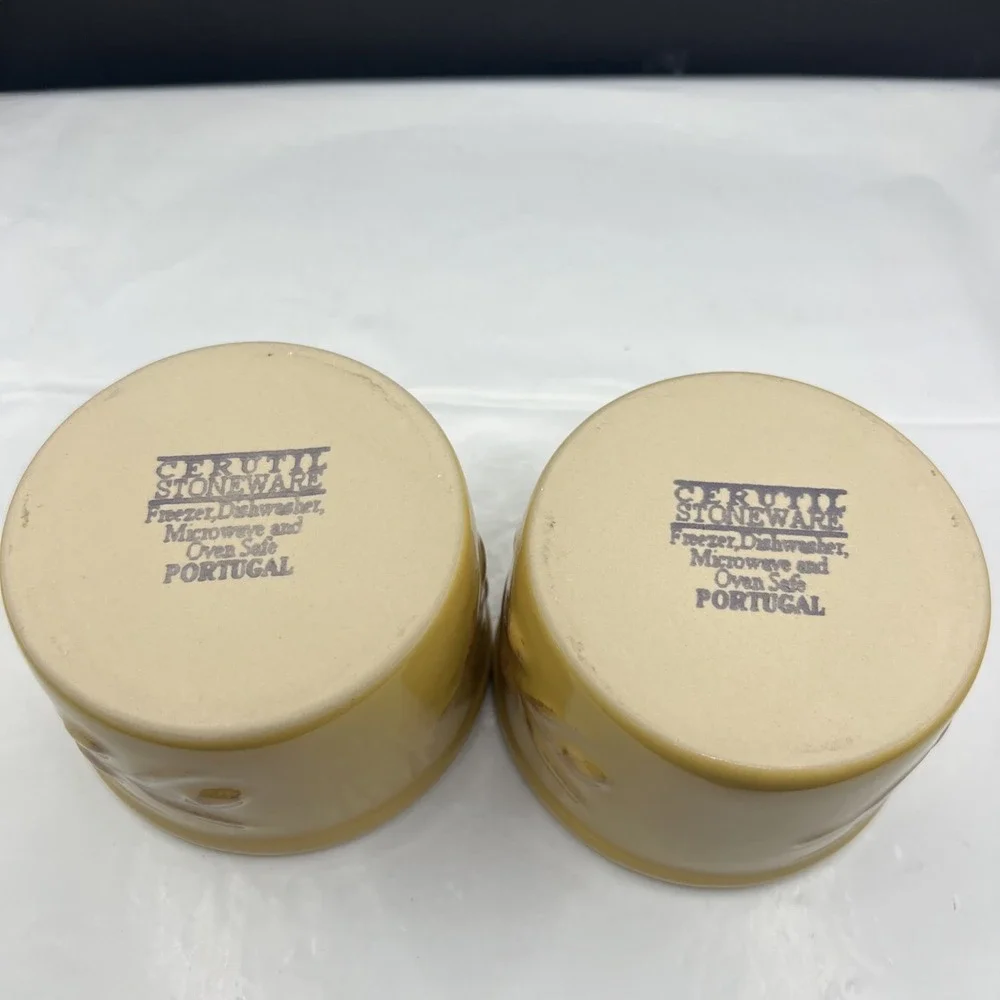 Pair 2 Cerutil Stoneware Mustard Yellow Ramekin Set Portugal Raised Olive Motif